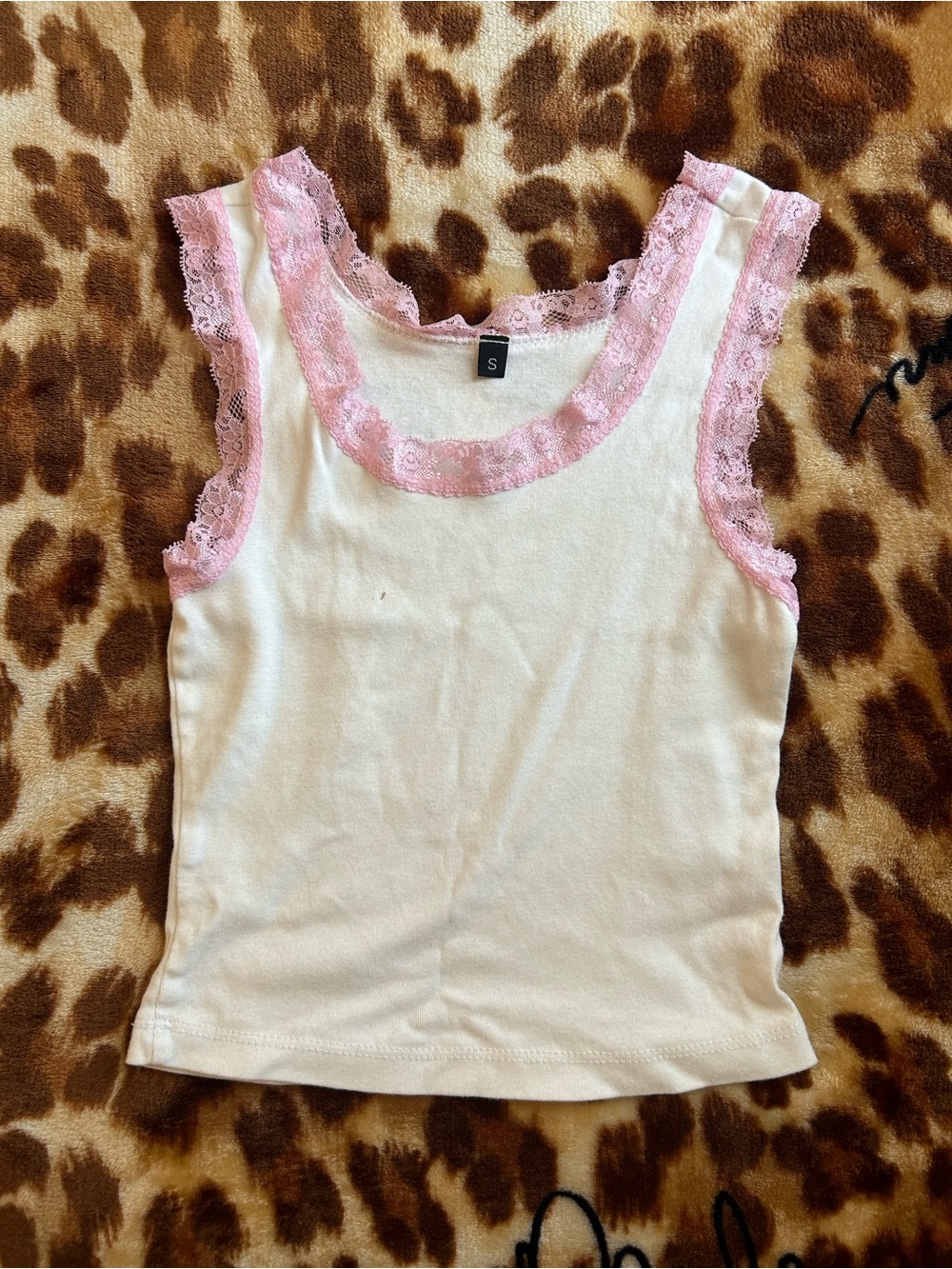White Tank Top with Pink Lace Trim